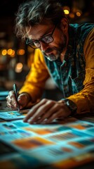 Bearded man with glasses, wearing a yellow shirt, closely examines and marks colorful documents on a desk, focused intently