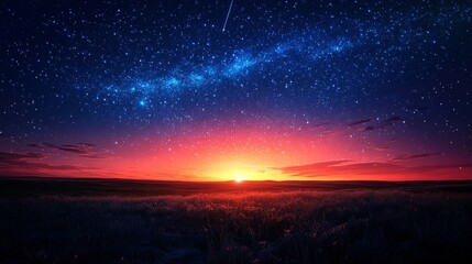 Fototapeta premium Beautiful sunset over a grassy field with a star-filled night sky and a shooting star