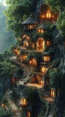 Fototapeta premium Beautiful village built into a forested mountainside, with warmly lit houses connected by winding pathways
