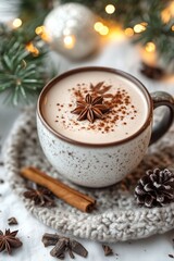 Hot spiced beverage with star anise and cinnamon, surrounded by Christmas decorations, creating a cozy winter holiday atmosphere.