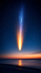 Brilliant comet streaks across a starry night sky, illuminating the dark horizon above a serene, reflective ocean shoreline