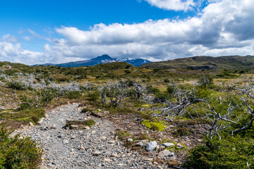 Impressive mountain view on a hike from Refugio Frances to Paine Grande in Torres Del Paine national park, Patagonia, Chile.