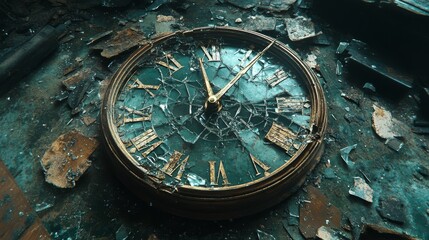 Fototapeta premium Broken clock, with shattered glass and exposed Roman numeral dials, lies among scattered debris and fragments on the ground
