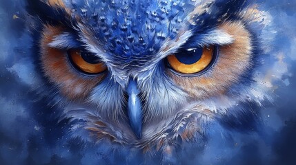 Close-up of a majestic owl with striking orange eyes and detailed blue and white feathers