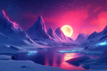 Obraz premium North Pole with its landscape, mountains, water, moon, and sky with a red aura