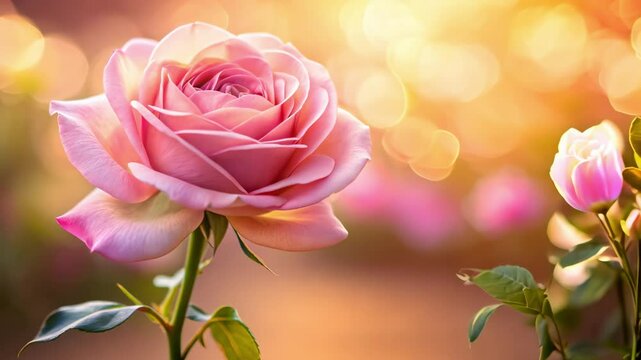 Delicate Pink Rose Blooming in Golden Sunset with Soft Bokeh Background