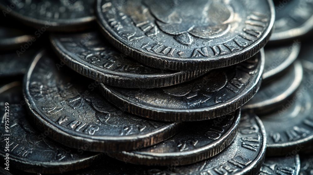 Aufkleber close-up view of a stack of silver coins with intricate designs and text on their surfaces
