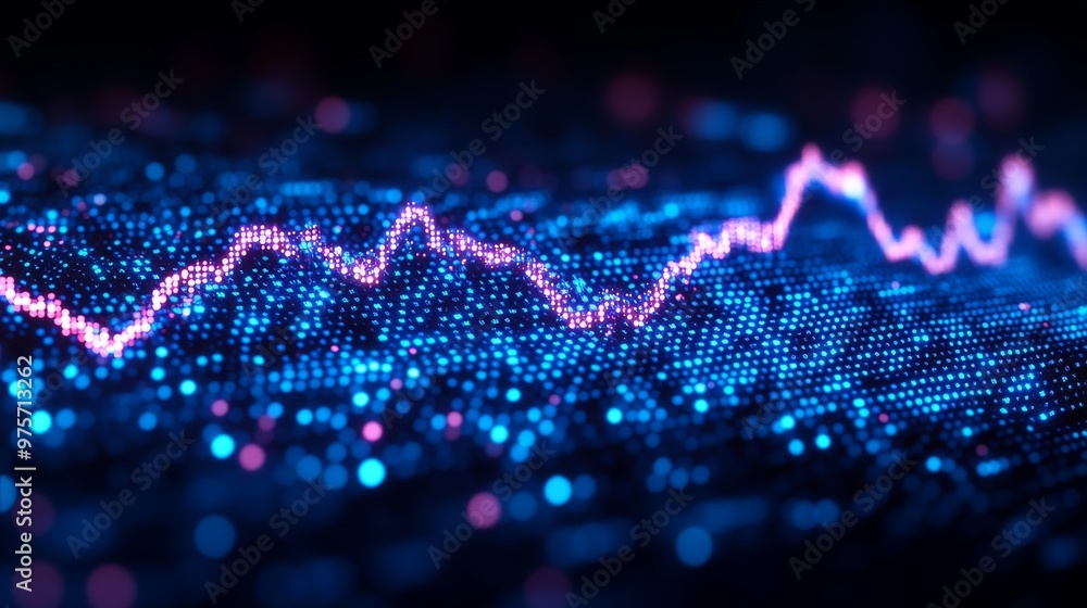 Poster colorful, abstract digital graph with fluctuating neon lines and dots on a dark background, suggesti