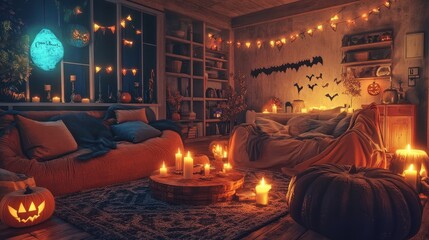 Cozy Halloween Living Room with Warm Lighting
