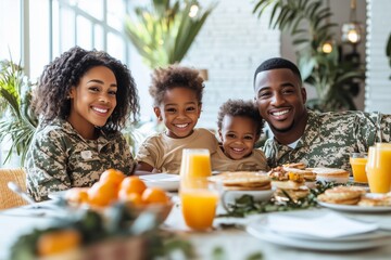A joyful military family sharing a breakfast meal, highlighting unity, love, and togetherness around a table with healthy food.