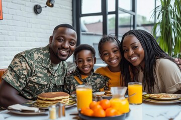 Happy military family enjoying a breakfast together with pancakes, orange juice, and smiles in a cozy home setting.