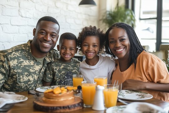 A joyful military family shares a breakfast table, celebrating together with smiles and camaraderie.