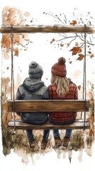 Fototapeta premium Couple, dressed warmly in hats and jackets, sits on a swing together, surrounded by autumn leaves and bare branches