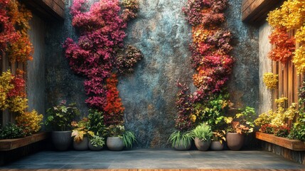 Cozy courtyard with vibrant vertical gardens, filled with colorful foliage, and pots of various plants
