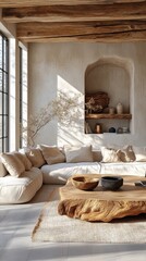 Fototapeta premium Cozy living room with a wooden coffee table, a beige sectional sofa, and built-in shelves