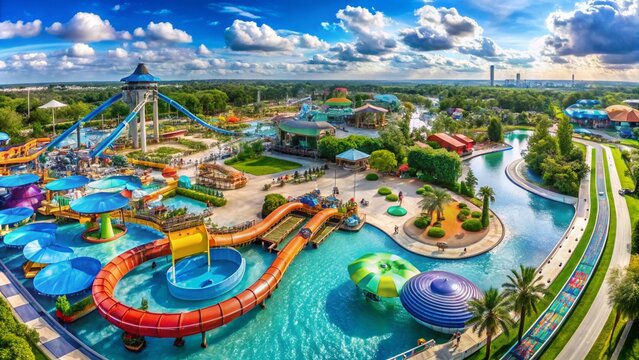 A panoramic view of a waterpark with its pools slides and attractions.