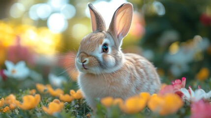 Cute brown rabbit is sitting in a colorful flower garden, surrounded by vibrant yellow and white blossoms