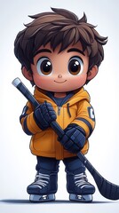 Cute cartoon child stands in hockey gear including a yellow jacket, gloves, boots, and holds a hockey stick
