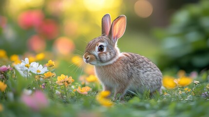 Fototapeta premium Cute rabbit sits among colorful flowers in a garden with a bright, blurred background, creating a serene scene