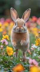 Fototapeta premium Cute rabbit is joyfully hopping through a colorful field of flowers, surrounded by vibrant blooms of various colors