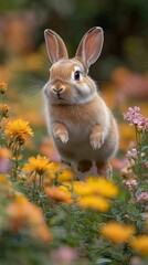 Cute rabbit with brown fur jumps among vibrant yellow, orange, and pink flowers in a lush, green garden
