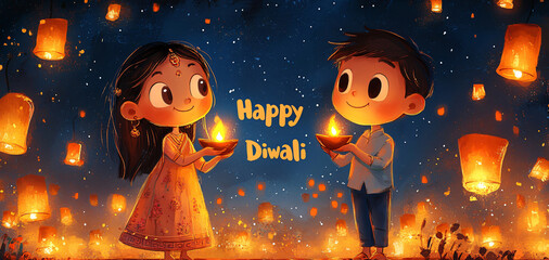 illustration of Diwali with children