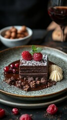 Decadent chocolate dessert with raspberries, a dollop of cream, and garnishes sits in front of a glass of wine