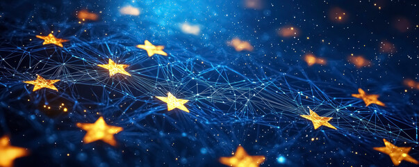 A network of interconnected nodes emits glowing light, illustrating data transmission and interaction within a dynamic digital landscape.