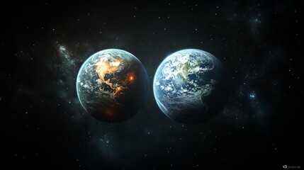 Obraz premium Depicts two Earth-like planets side by side in a vast, star-filled space, showcasing vibrant landmasses and clouds