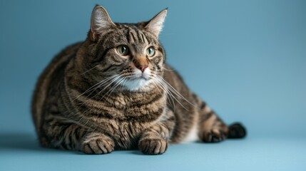 A large cat with a green eye is laying on a blue surface