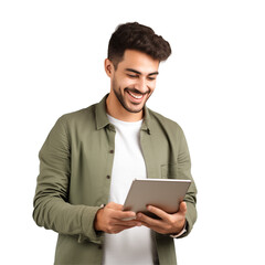 Smiling Man In Green Jacket Using Tablet On Transparent Background