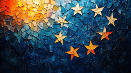 Artistic rendition of the European Union flag with vibrant colors and scattered stars depicting unity and collaboration in Europe
