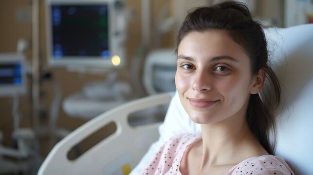Pleasant Young Woman with Italian Heritage Resting in Hospital Bed for Healthcare Design and Medical Posters