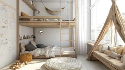 A minimalist kids bedroom with a loft bed, stylish accents, and creative storage solutions, blending modern design with playfulness.