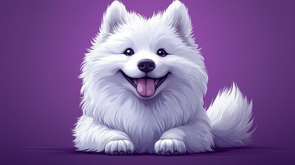 Fluffy white dog with a happy expression lies against a vibrant purple background, showcasing its playful demeanor