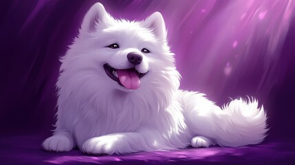 Fototapeta premium Fluffy white dog with a joyful expression lies down against a purple, sparkling background, illuminated by soft lighting
