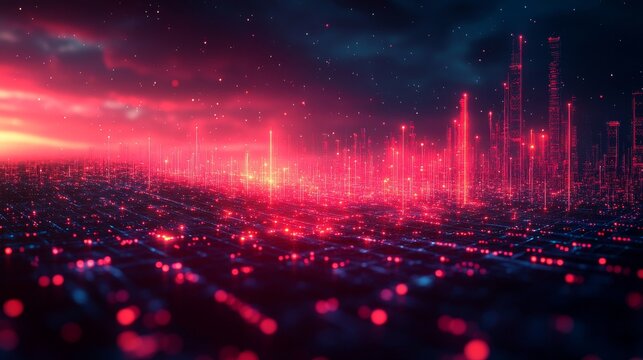 Futuristic, digital cityscape with glowing red data networks and towering skyscrapers against a dark, cloudy sky backdrop