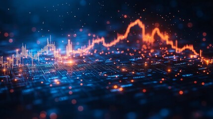 Naklejka premium Glowing line graph with orange and blue lights represents data or financial trends on a dark digital background
