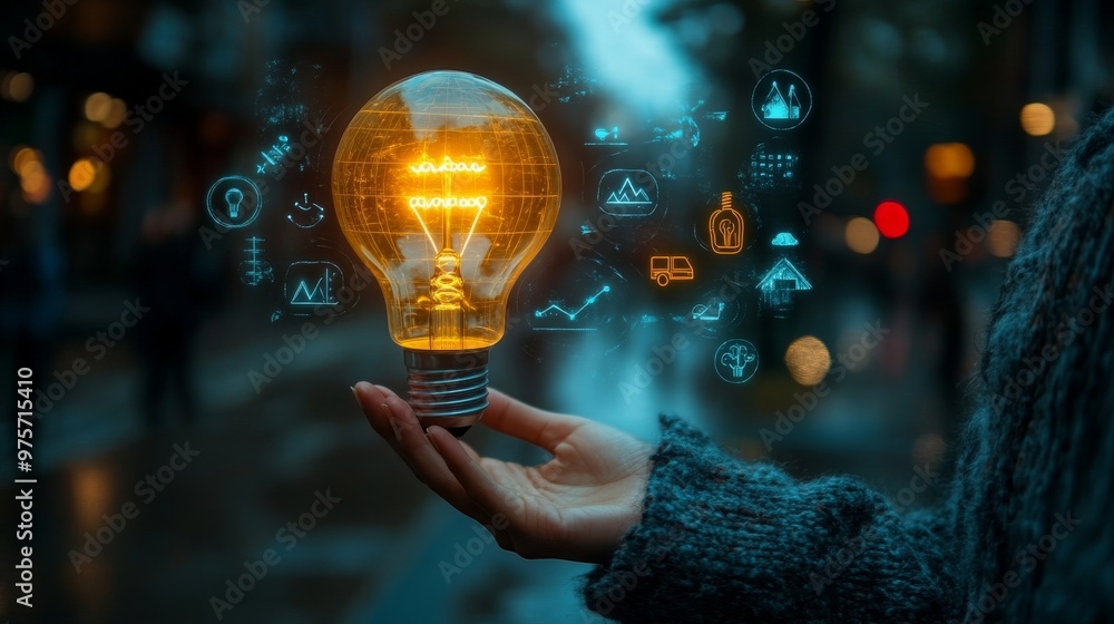 Poster hand holding a glowing light bulb with various digital icons and graphs floating around, set against