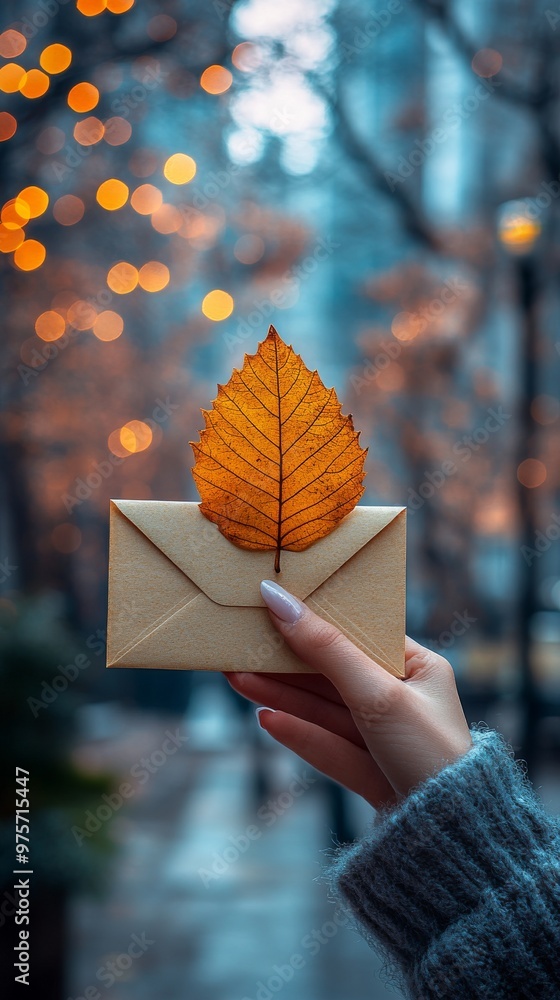 Poster hand holding an envelope with a dried leaf against a blurred background of lights and trees in an ou