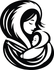 Black and White Illustration of Inuit Mother With Baby in Traditional Amauti Parka