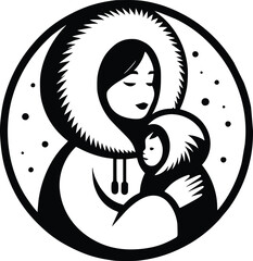 Black and White Illustration of Inuit Mother With Baby in Traditional Amauti Parka © dinil
