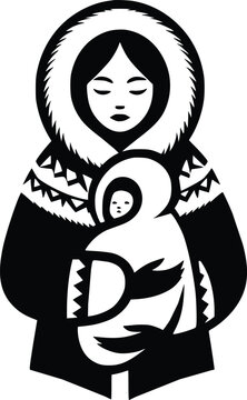 Black and White Illustration of Inuit Mother With Baby in Traditional Amauti Parka