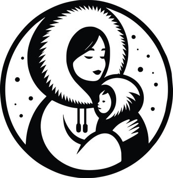 Black and White Illustration of Inuit Mother With Baby in Traditional Amauti Parka