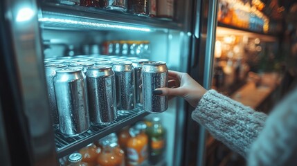 Hand is reaching into a refrigerated display to grab a cold beverage can, surrounded by other drinks