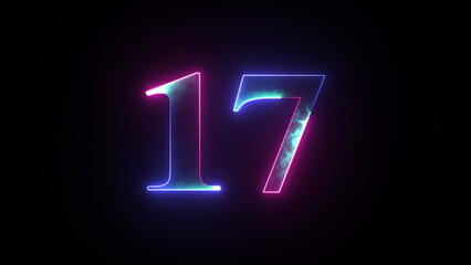 Abstract glowing neon number 17. Blue and purple neon futuristic effect. Trendy glow lighting