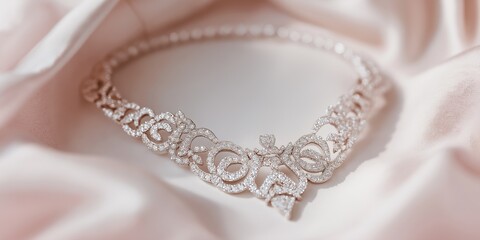 A necklace with diamonds and pearls is on a white cloth. The necklace is very elegant and shiny