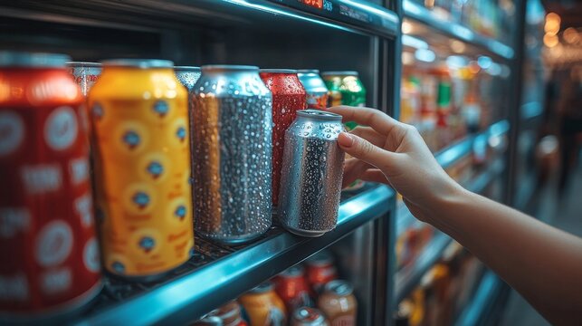 Hand reaches for a silver beverage can among a variety of colorful cans on a refrigerated shelf in a store