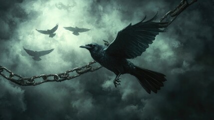 Fototapeta premium A crow escaping from a chain of rusty links, soaring in a dark, cloudy sky while other crows circle overhead.