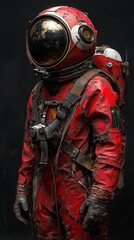 Fototapeta premium Close-up of an astronaut in a distressed red spacesuit with weathered and worn-out effects against a dark background.